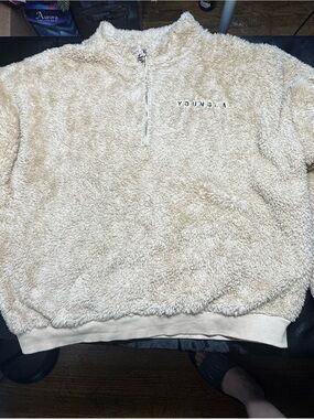 YoungLA Cream Sherpa Pullover with Logo Tag